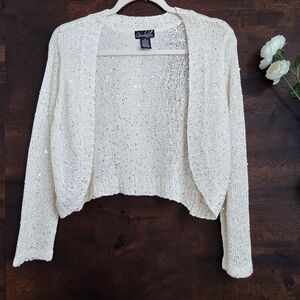 Questions By Say What Ivory & Sequins Sparkle Cotton & Rayon Knit Shrug Medium
